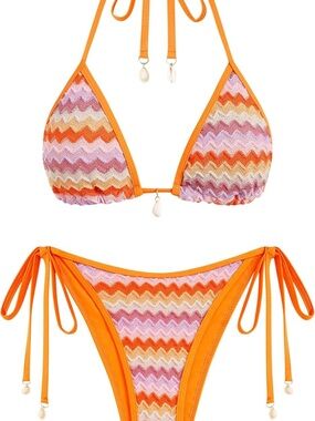 Zaful Orange Multicolor Chevron Knit Tie Bikini